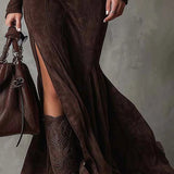 Sandra™ | Długa Sukienka z Zamszu z Zamkiem i Paskiem