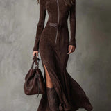 Sandra™ | Długa Sukienka z Zamszu z Zamkiem i Paskiem