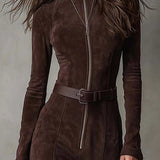 Sandra™ | Długa Sukienka z Zamszu z Zamkiem i Paskiem